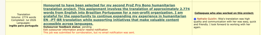 Public recommendation on ProZ highlighting the quality of my English to Brazilian Portuguese translation and professional communication.