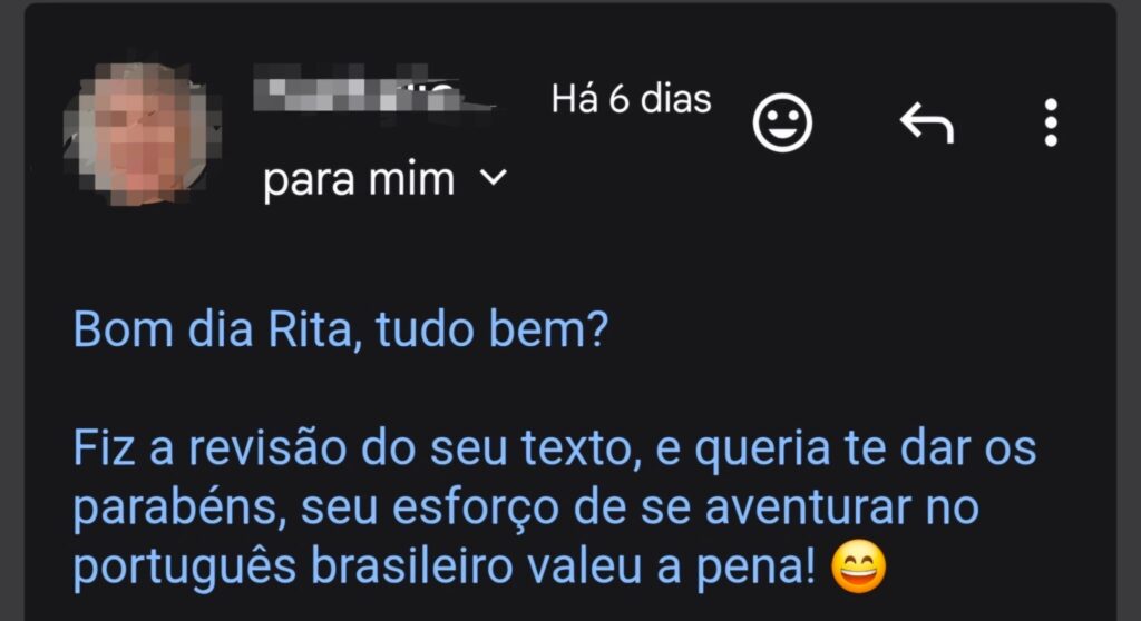 Screenshot of reviewer feedback congratulating the quality of my English to Brazilian Portuguese translation for a ProZ Pro Bono project.